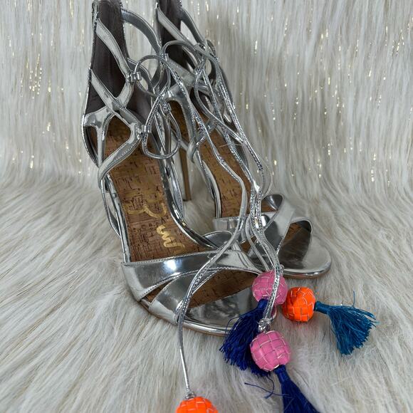 Sam Edelman Azela Silver Tassel Pom Heels Open Toe Strappy Heels Size 8.5 - Picture 7 of 8
